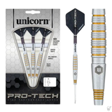 Packaged set of 90% tungsten darts with close-up of barrel grip rings and flight, showing precise grooved design and gripper shafts