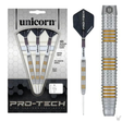 90% tungsten darts in retail packaging with close-up on grip barrel texture and flights, highlighting ringed and gold accent design