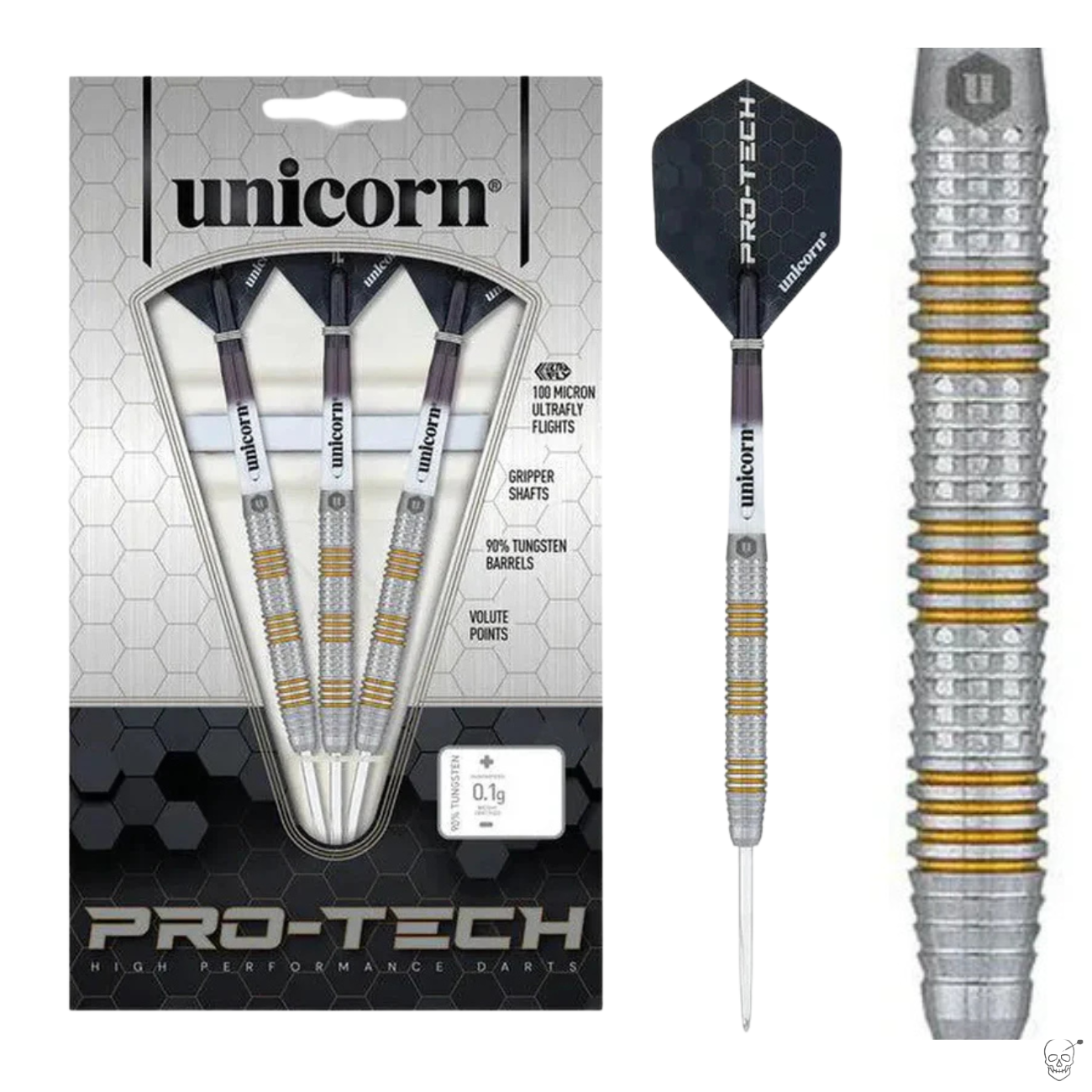 90% tungsten darts in retail packaging with close-up on grip barrel texture and flights, highlighting ringed and gold accent design