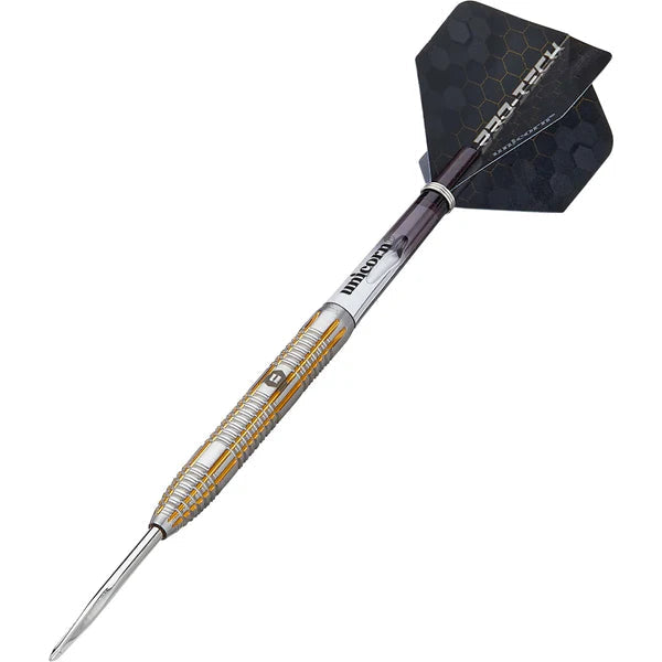 Angled full view of 90 percent tungsten dart with precision ringed grip, engraved barrel, and hexagonal pattern flight on white background
