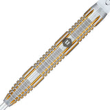 Close-up dart barrel with precision grip, gold highlights, and knurled tungsten detailing on white background