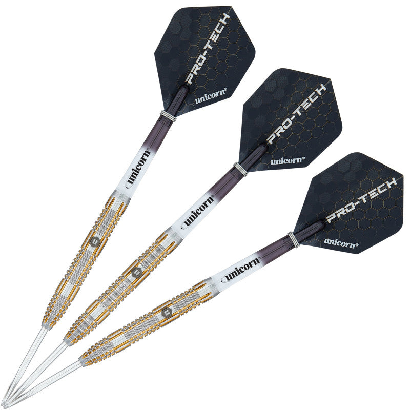 Three tungsten darts full view on white background, highlighting knurled barrel grip, gold detailing, and hex pattern flights for dart players