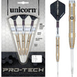 Three 90% tungsten darts in retail packaging with close-up of one dart highlighting precision grip barrel and Pro-Tech flight design.