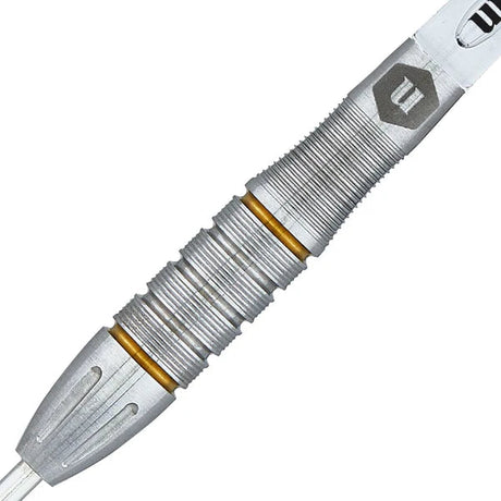 Close-up of tungsten dart barrel with precision grip, silver rings, and gold accent bands, highlighting detailed texture for dart players