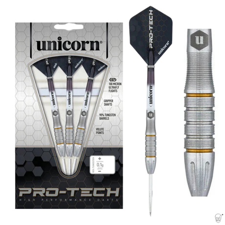 Pro-Tech 90% tungsten darts set in retail packaging with close-up of precision barrel grip and ultrafly flight design.