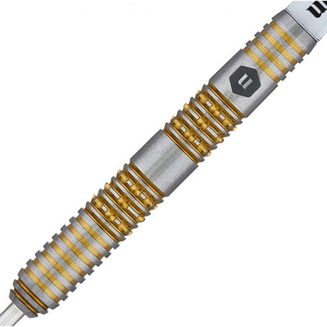 Close-up of 90% tungsten dart barrel showing gold ring grip and detailed knurling on white background
