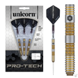 Three 90% tungsten darts in retail packaging plus single dart and barrel grip close-up, featuring gold-silver ringed texture and Ultrafly flights