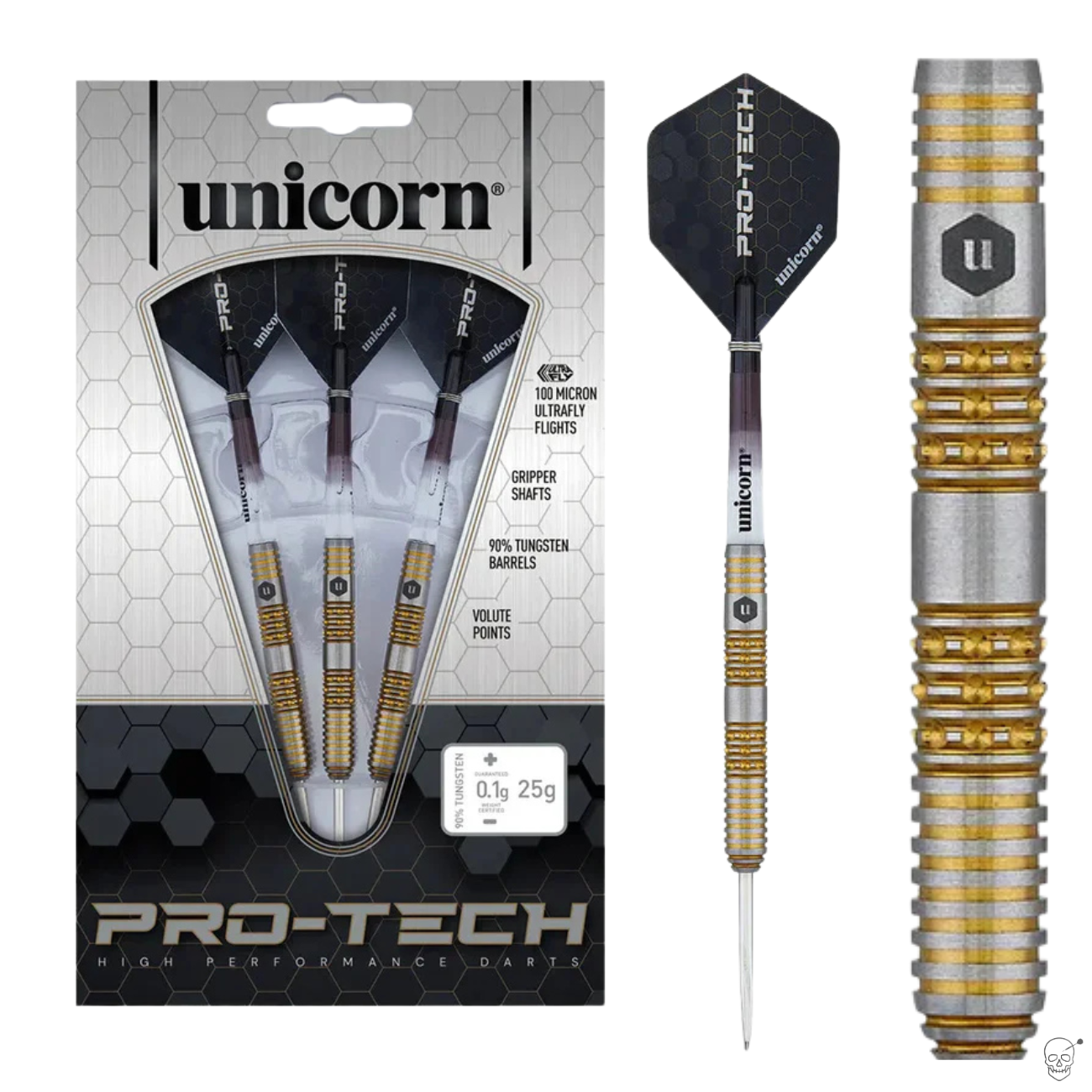 Three 90% tungsten darts in retail packaging plus single dart and barrel grip close-up, featuring gold-silver ringed texture and Ultrafly flights
