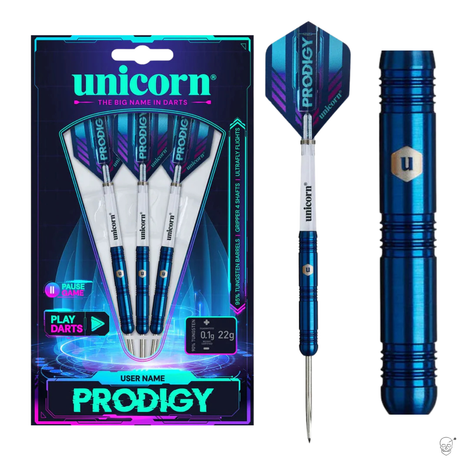 Three 90% tungsten darts in retail packaging plus close-up of blue gripped barrel and Prodigy flight for precision dart players