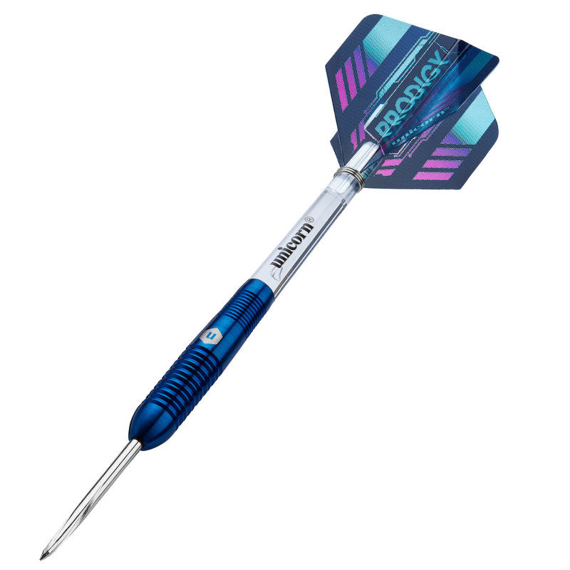 Angled full view of 95% tungsten dart with blue grooved barrel, steel tip, and Prodigy flight on white background