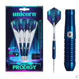 Tungsten darts set in retail packaging with blue metallic grips, close-up showing barrel texture and ultralight flight design