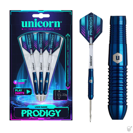 Tungsten darts set in retail packaging with blue metallic grips, close-up showing barrel texture and ultralight flight design