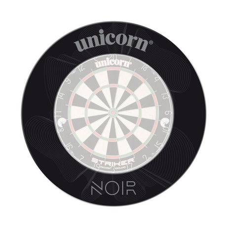 Black dartboard surround with subtle line pattern and 'NOIR' design, full front view isolated on white background, fits standard dartboards
