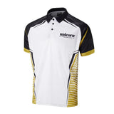 Front angled view of Ross Smith darts shirt with sublimated print, collar detail, and dart player style features