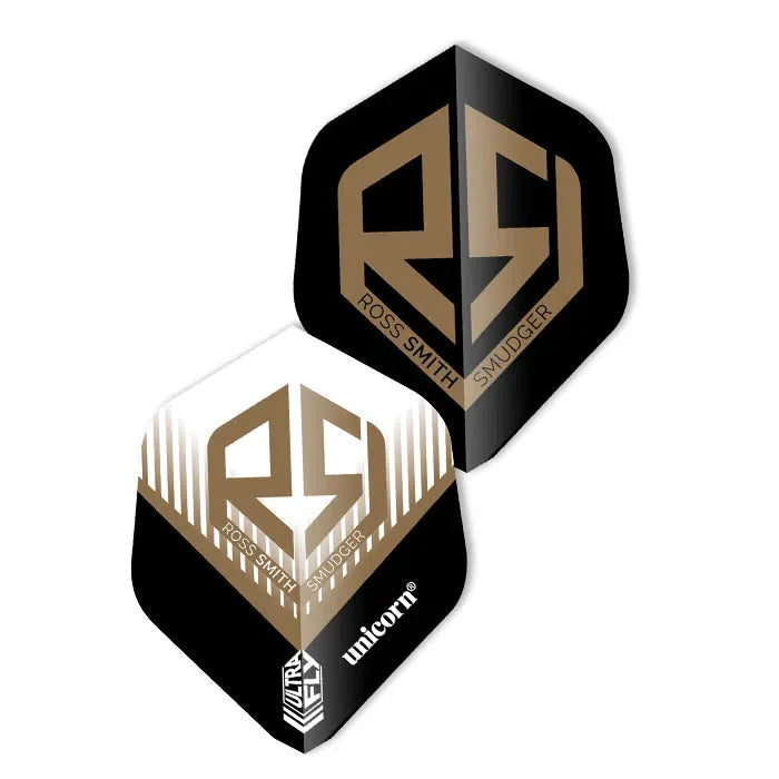 Ross Smith Plus Flights angled view, two dart flights with RS logo, black and gold design, isolated on white background