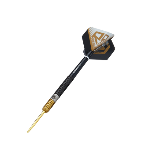 Angled view of Ross Smith two tone tungsten dart with black and gold barrel, precision ringed grip, and geometric gold-black flight on white background