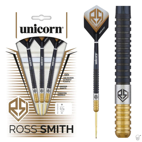 Three two-tone tungsten darts in retail packaging with close-up showing black and gold PVD barrel grip and custom flight design