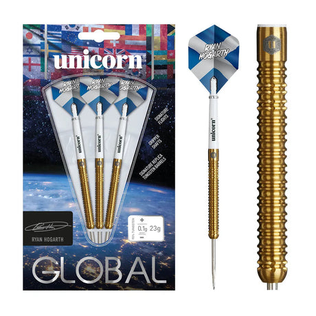 Three Ryan Hogarth 95% tungsten darts in packaging with detailed close-up highlighting gold grip barrel and signature flights