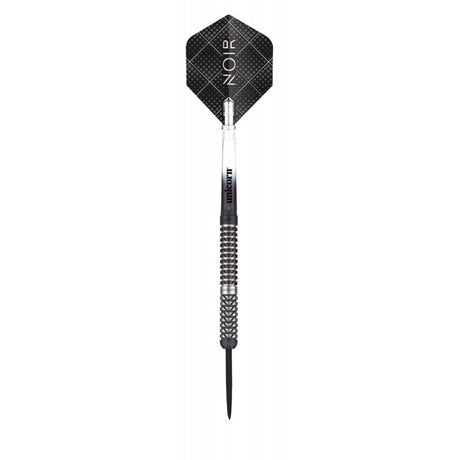 Full view tungsten dart with black grip barrel, steel tip, and Noir patterned flight isolated on white background