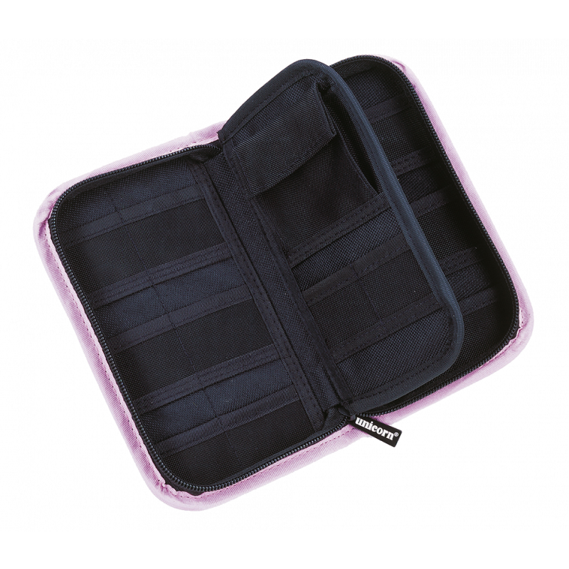 Top-down view of open dart case showing spacious interior pockets, elastic straps, and three-sided zipper for organized dart storage