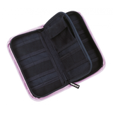 Top-down view of open dart case showing spacious interior pockets, elastic straps, and three-sided zipper for organized dart storage