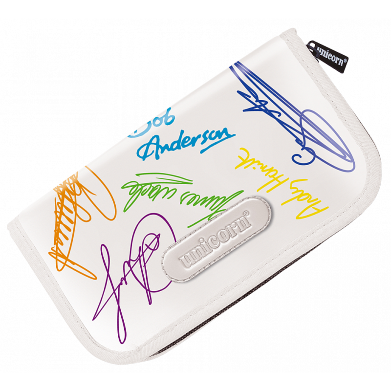 Angled view dart case with colorful signature design, large storage, white background, zipper and logo details visible