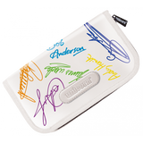 Angled view dart case with colorful signature design, large storage, white background, zipper and logo details visible