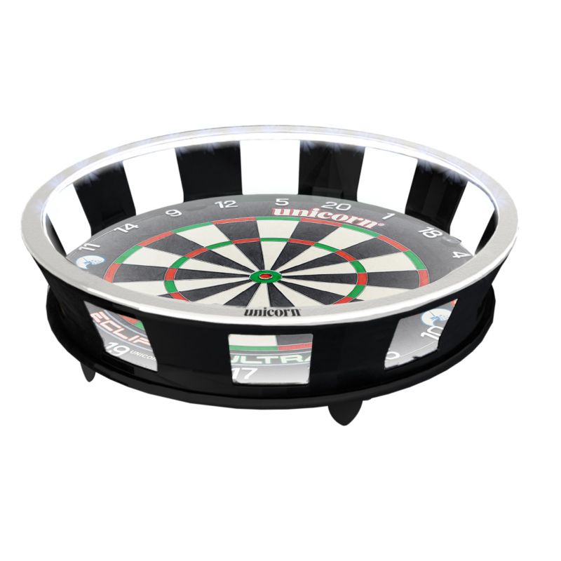 LED dartboard lighting system angled view, surround ring attached to dartboard, isolated on white background, ideal for dart setup