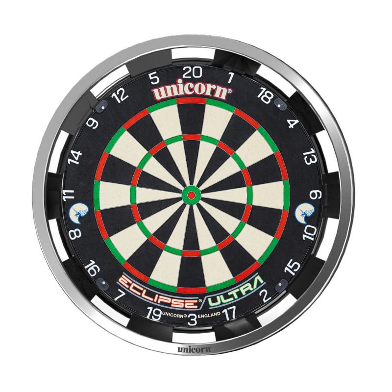 Dartboard with Solar Flare Surround lighting ring full front view, showing illuminated segmented design for enhanced dart visibility