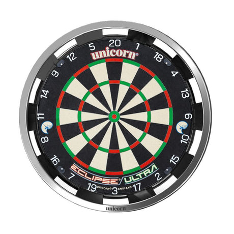 Dartboard with Solar Flare Surround lighting ring full front view, showing illuminated segmented design for enhanced dart visibility