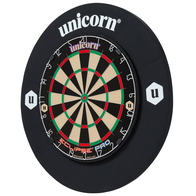 Dartboard with black dartboard surround ring in angled full product view, isolated on white background, highlighting extra protection zone.