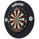 Dartboard with black dartboard surround ring in angled full product view, isolated on white background, highlighting extra protection zone.