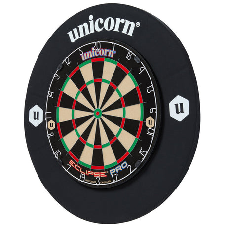 Dartboard with black dartboard surround ring in angled full product view, isolated on white background, highlighting extra protection zone.