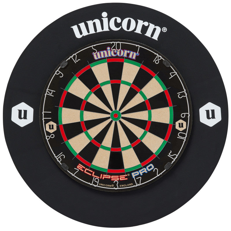 Full dartboard with black dartboard surround ring in top-down view, showing complete board and protective barrier for dart equipment buyers