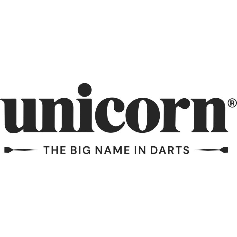 Unicorn logo with tagline the big name in darts, flat black text on white background