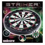 Angled view of competition quality bristle dartboard in box, showing staple-free bullseye and round wire construction with close-up feature highlights