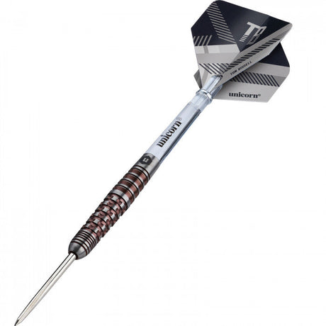 Angled view of 95% tungsten dart with precision grip barrel and geometric black flight, isolated on white background
