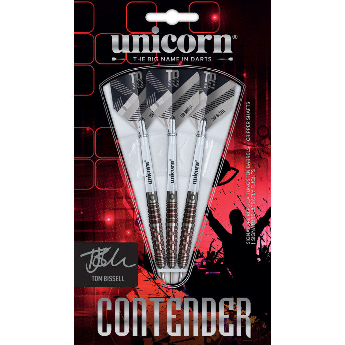 Three 95% tungsten darts in retail packaging with knurled barrels and signature flights, full product view for dart players