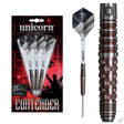 95% tungsten darts set in retail packaging with close-up of knurled barrel grip and assembled dart for players