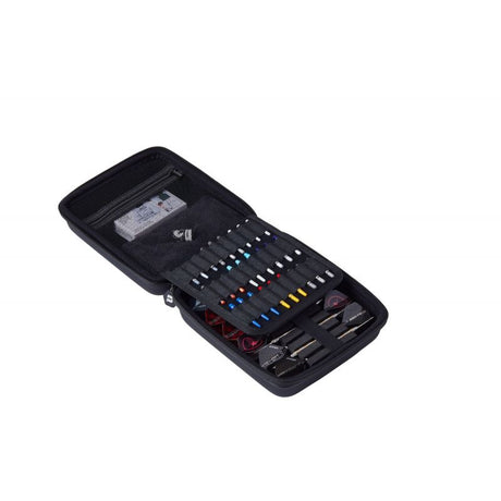 Open dart case top-down view showing multiple dart shafts, flights, and accessories organized in interior pockets on white background