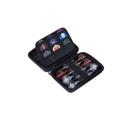 Open darts case angled view with three assembled darts, extra dart flights, organized storage, black hard shell, on white background