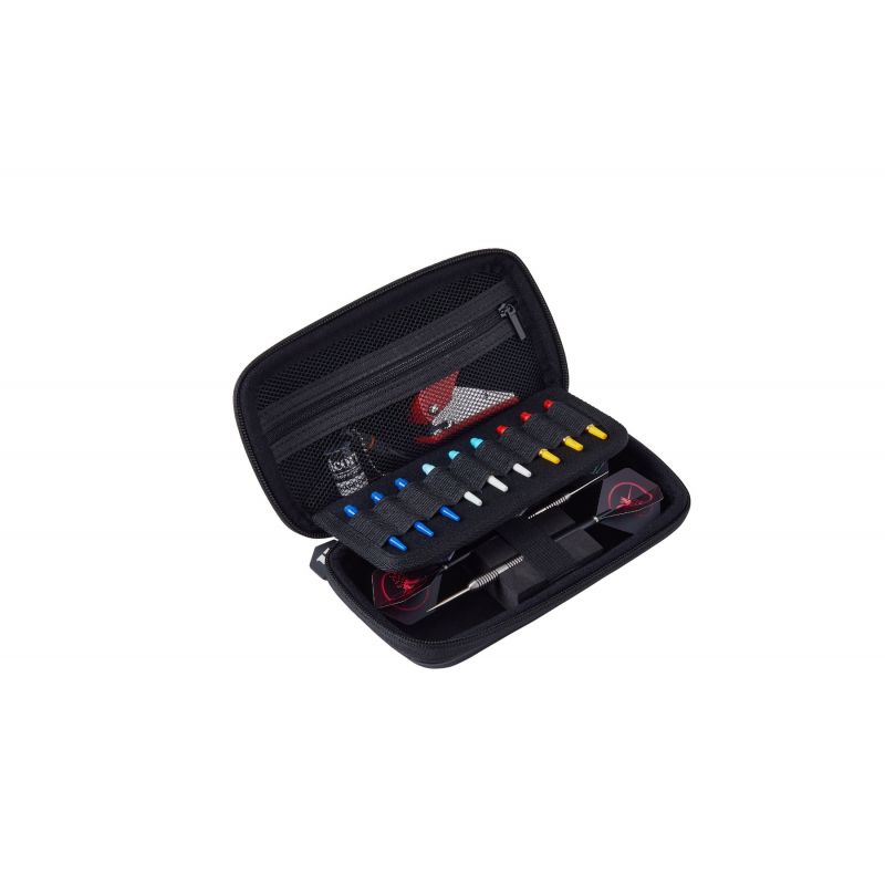 Open darts case on white background with organized flights, shafts, and multicolor spare tips arranged for easy access