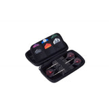 Open black small darts case top-down showing three steel tip darts and assorted dart flights organized inside