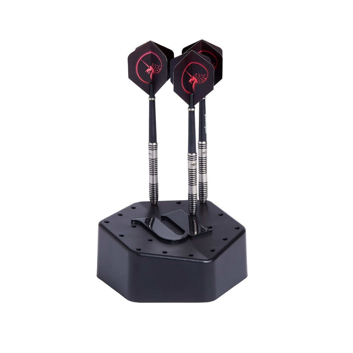 Unicorn Ultra Dart Stand in black holding six sets of darts