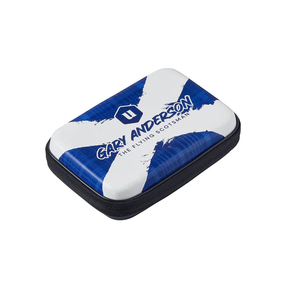 Angled view of medium darts case with blue and white Scottish flag design, Gary Anderson text, zip closure, isolated on white