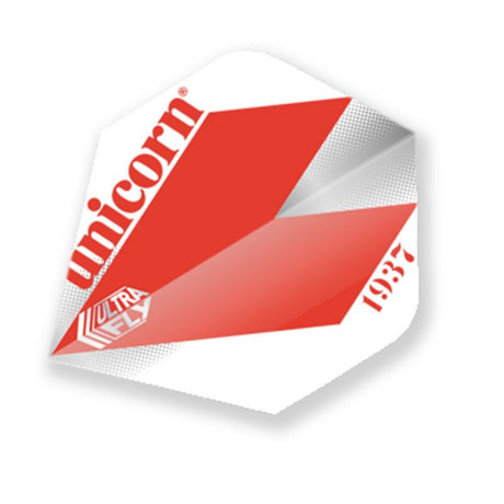 Close-up of Ultrafly 100 Comet big wing dart flight, red and white geometric design, isolated on white background.