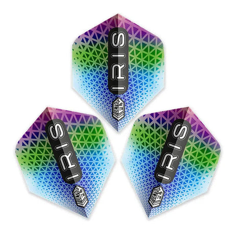 Three Ultrafly Iris Plus dart flights arranged on white background with vibrant gradient and geometric triangle design