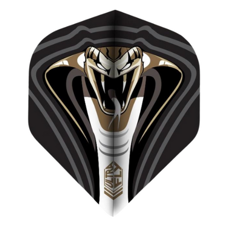 Big wing dart flight with aggressive snake graphic, black and gold Ultrafly design, full frontal view on white background