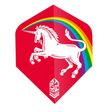 Red dart flight with bold unicorn and rainbow graphic, Ultrafly logo, single flight isolated on white background