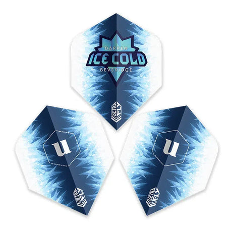 Three Ultrafly Darren Beveridge dart flights arranged on white background, showing ice blue pattern and signature player graphics.